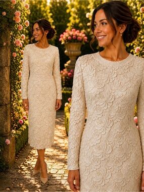 Vintage Sequin Lace Beaded Floral Cottagecore Long Sleeve Wedding MIDI Dress